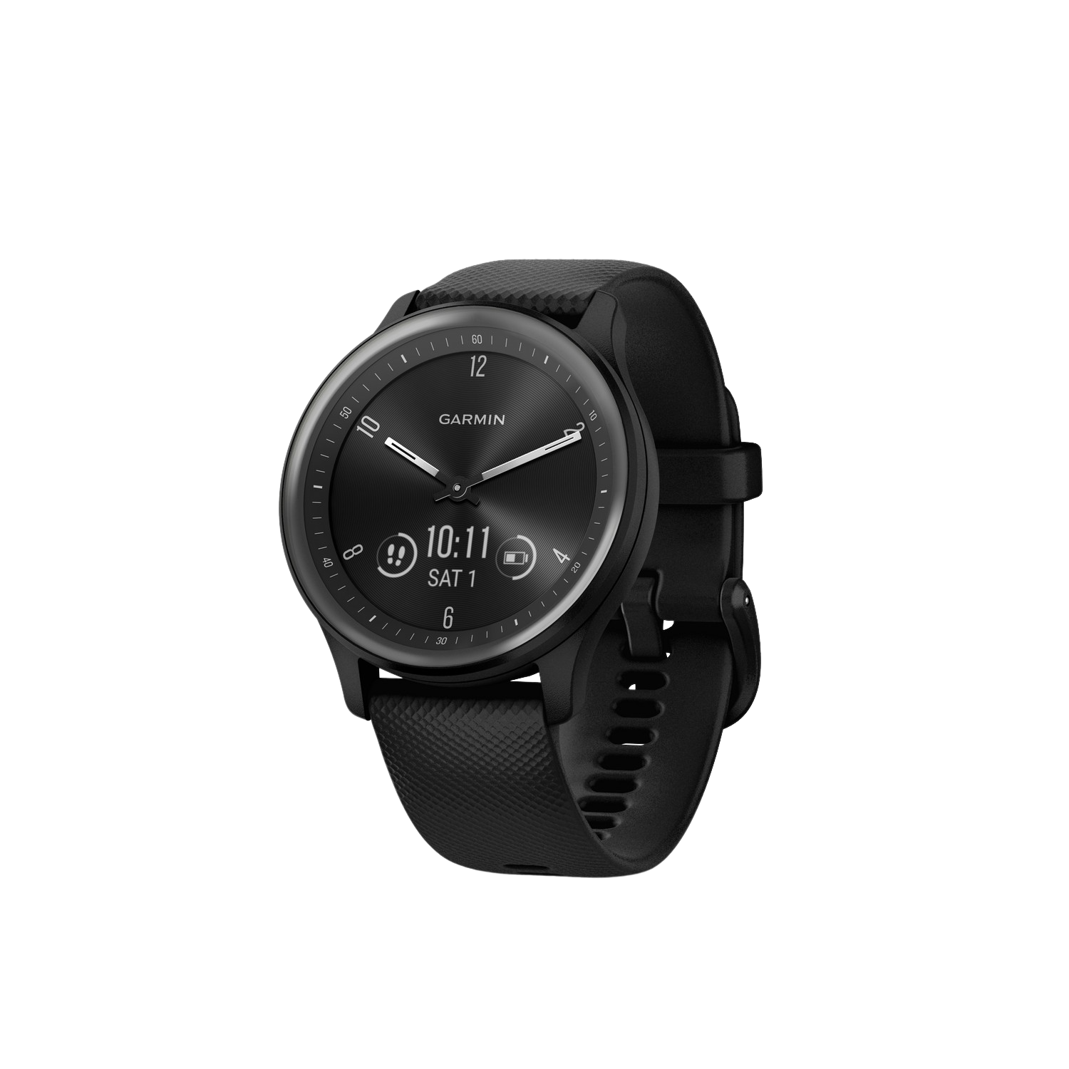 Un reloj inteligente Garmin negro con una correa negra. La pantalla muestra la hora y la fecha.