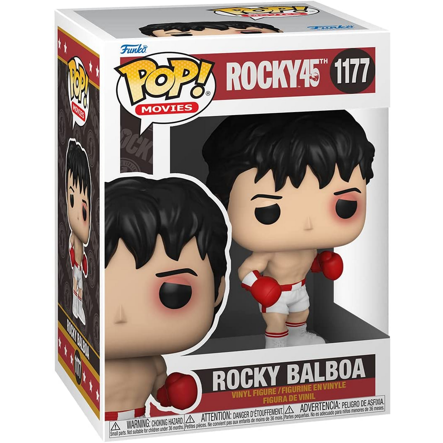 Caja de Funko Pop de Rocky Balboa, figura con equipamiento de boxeo.