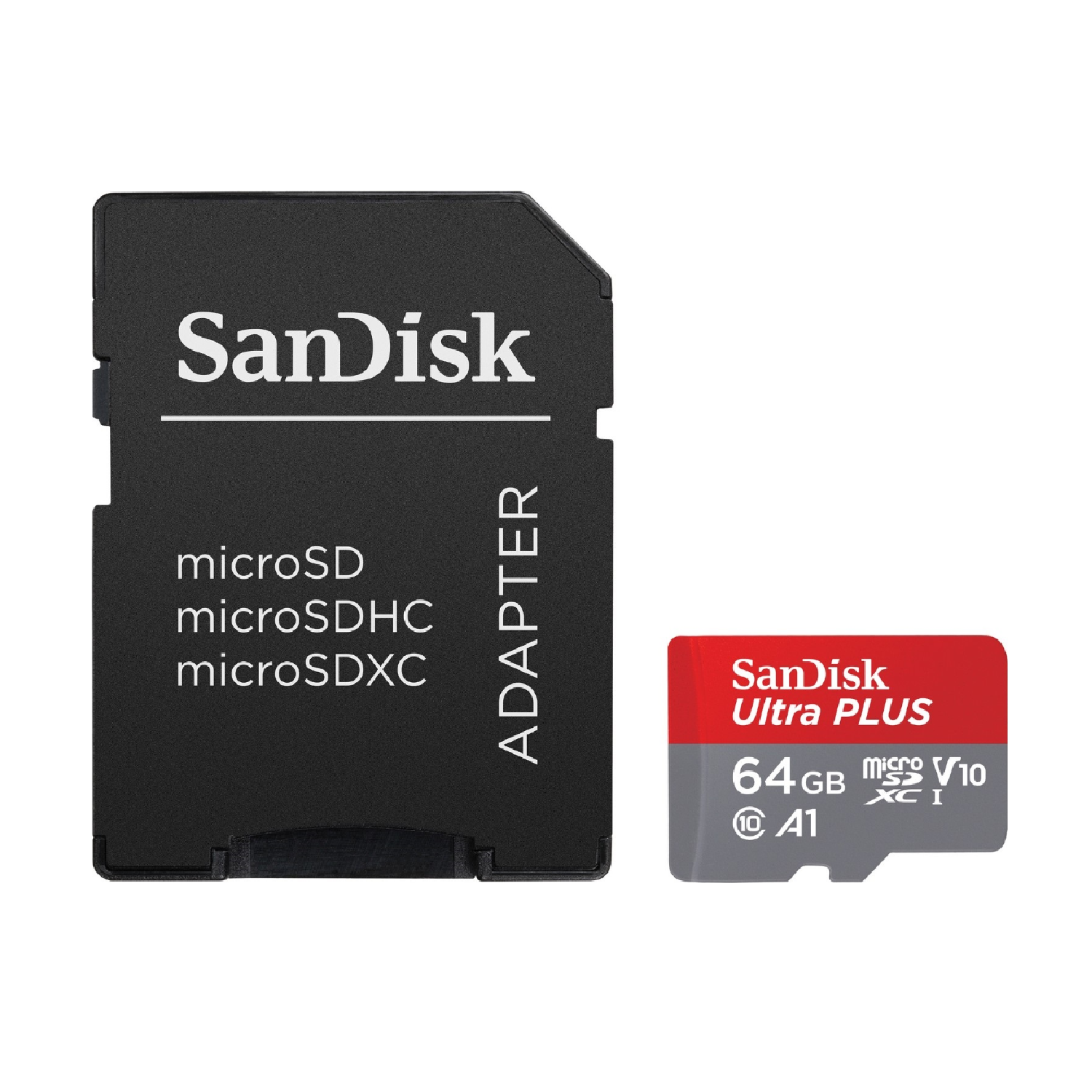 Una tarjeta de memoria SanDisk y un adaptador. La tarjeta es roja y negra, el adaptador negro.