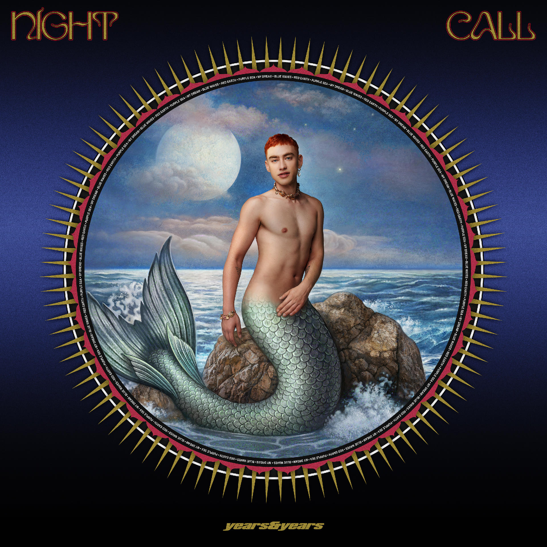 Albumhoes: Een man zonder shirt met een zeemeerminstaart op een rots. Tekst: Night Call.