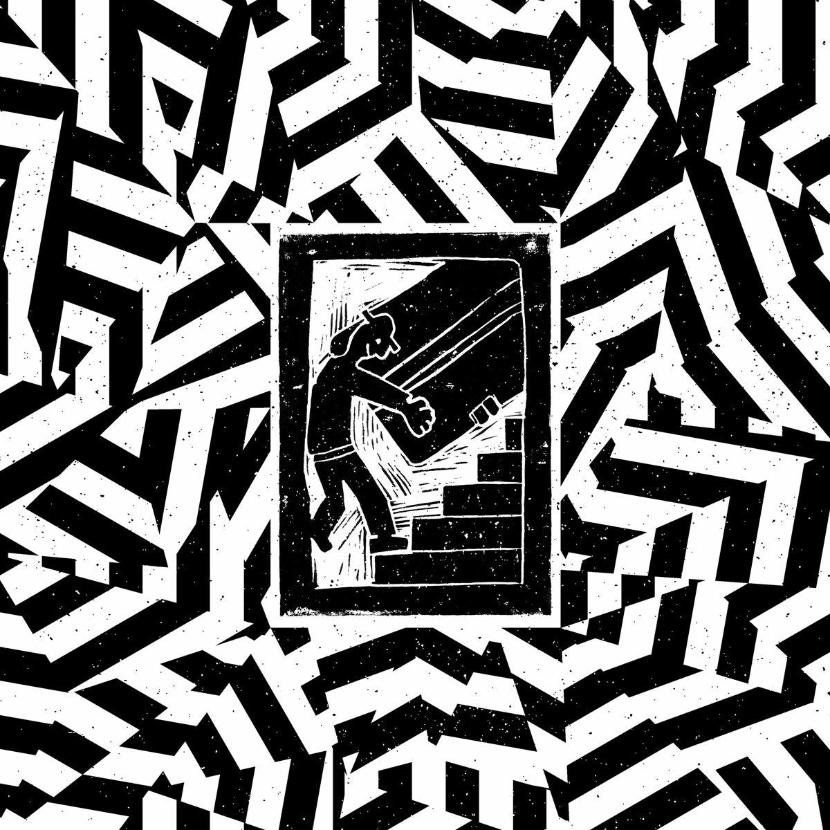 Schwarz-Weiß-Abstrakte Kunst mit Figur in Tür, umgeben von geometrischen Formen.