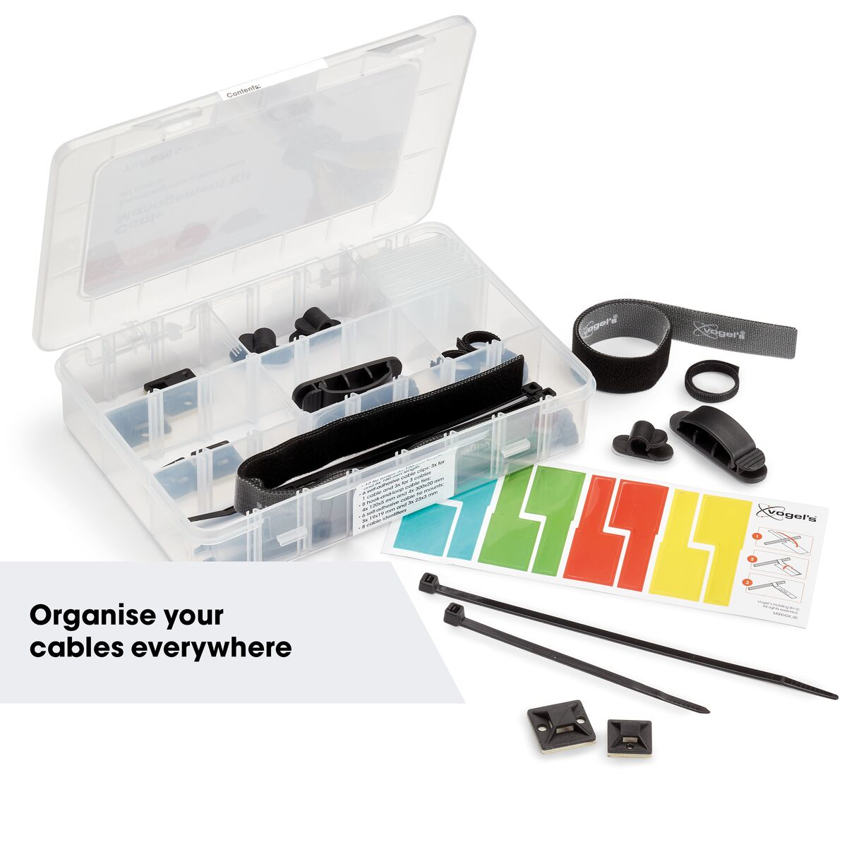 Een doorzichtige plastic organizerbox gevuld met kabelbeheeraccessoires, waaronder tie-wraps en clips.