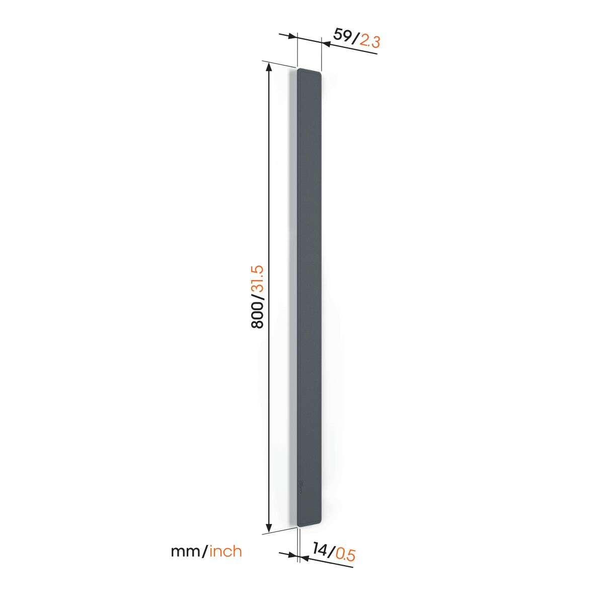 Une barre rectangulaire noire avec des dimensions et du texte sur fond blanc.