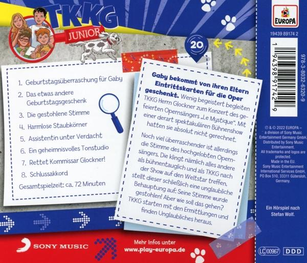 Rückseite einer TKKG Junior DVD-Hülle. Weißer Text auf blauem und weißem Hintergrund, mit Cartoon-Hunden und Kindern.