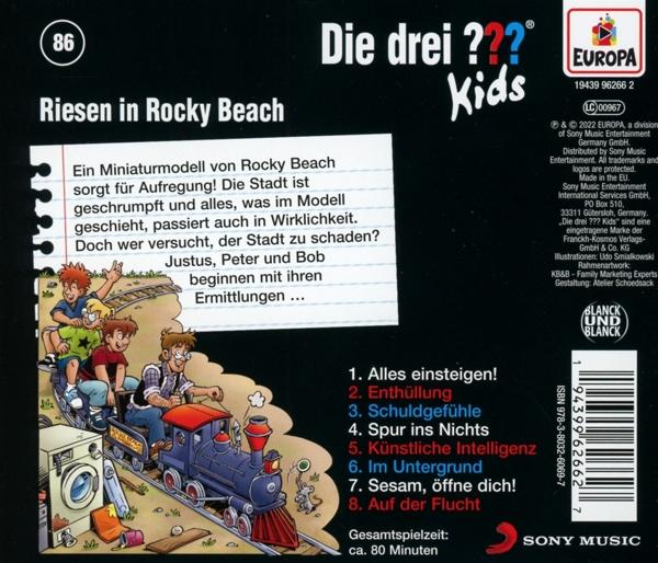Rückseite des 'Die drei ??? Kids' Buches mit Cartoon-Illustrationen und Text.