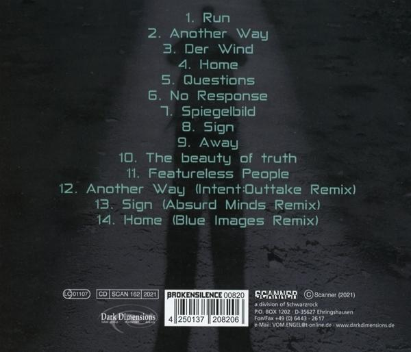 CD-Cover mit Songtiteln, einer Silhouette und Text. Enthält eine Liste von Songs und Albumdetails.