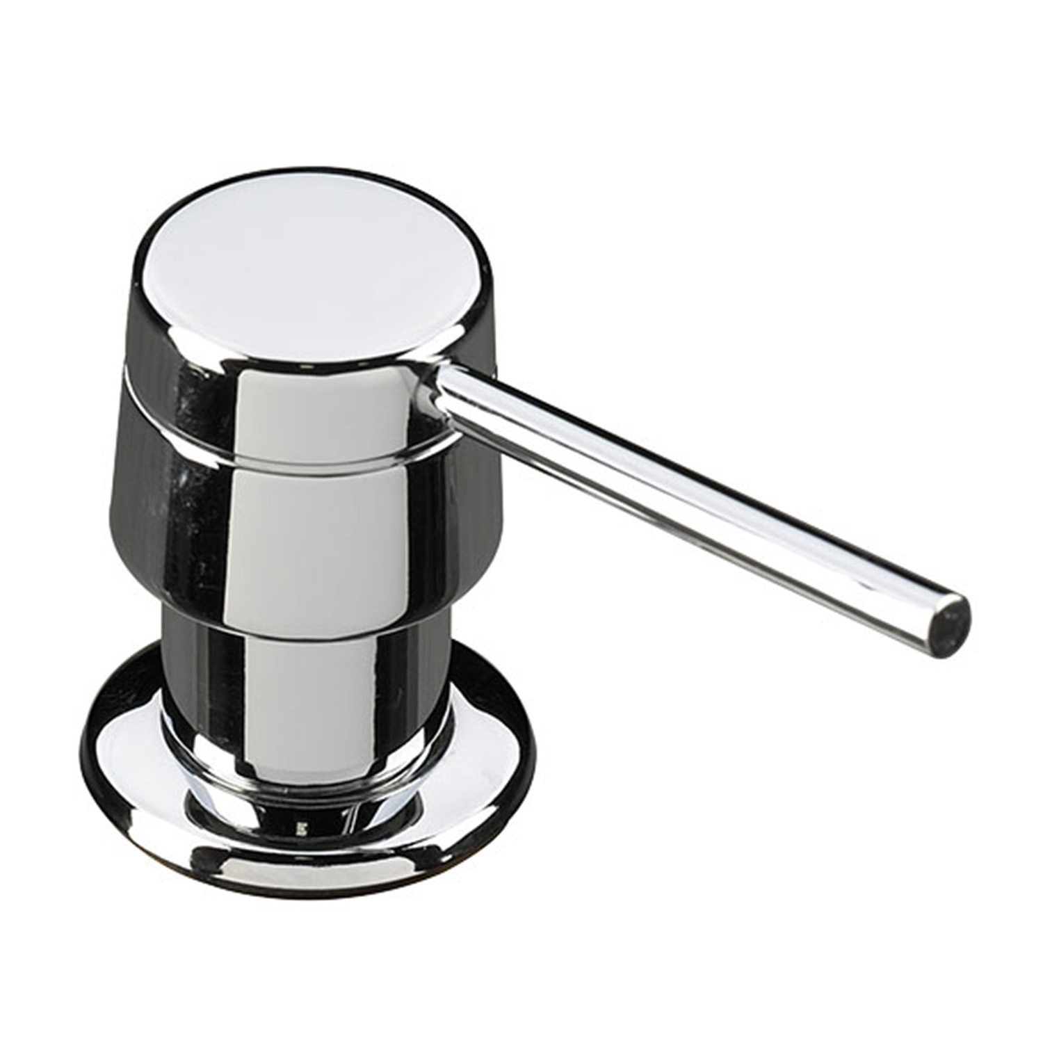 Un dosatore di sapone cromato con un lungo beccuccio. Il dosatore ha una base rotonda, un corpo cilindrico e un pulsante.