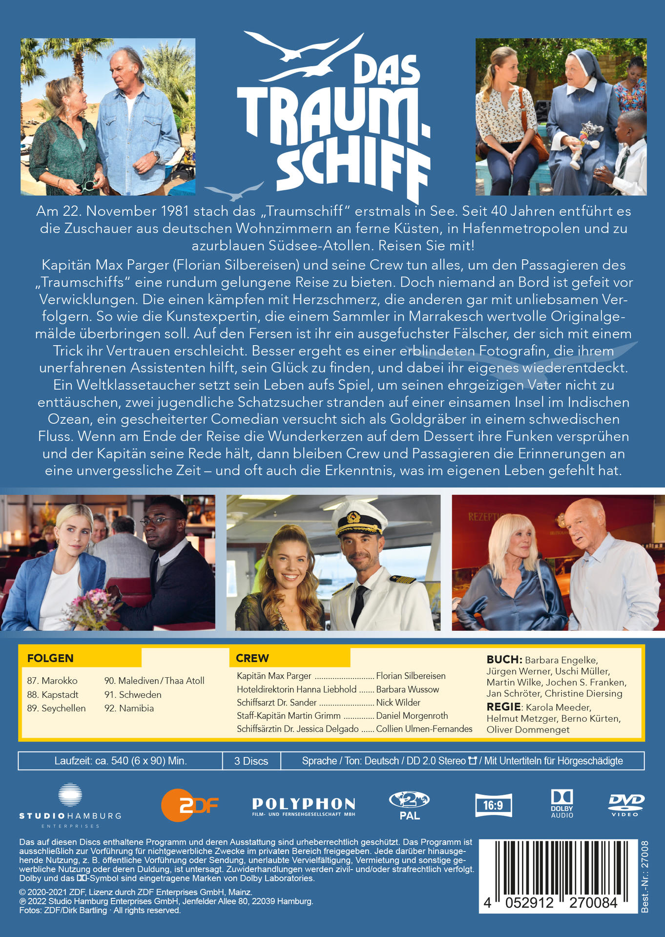 DVD-Cover für 'Das Traumschiff'. Es zeigt Bilder der Darsteller und eine Zusammenfassung des Inhalts der Show.