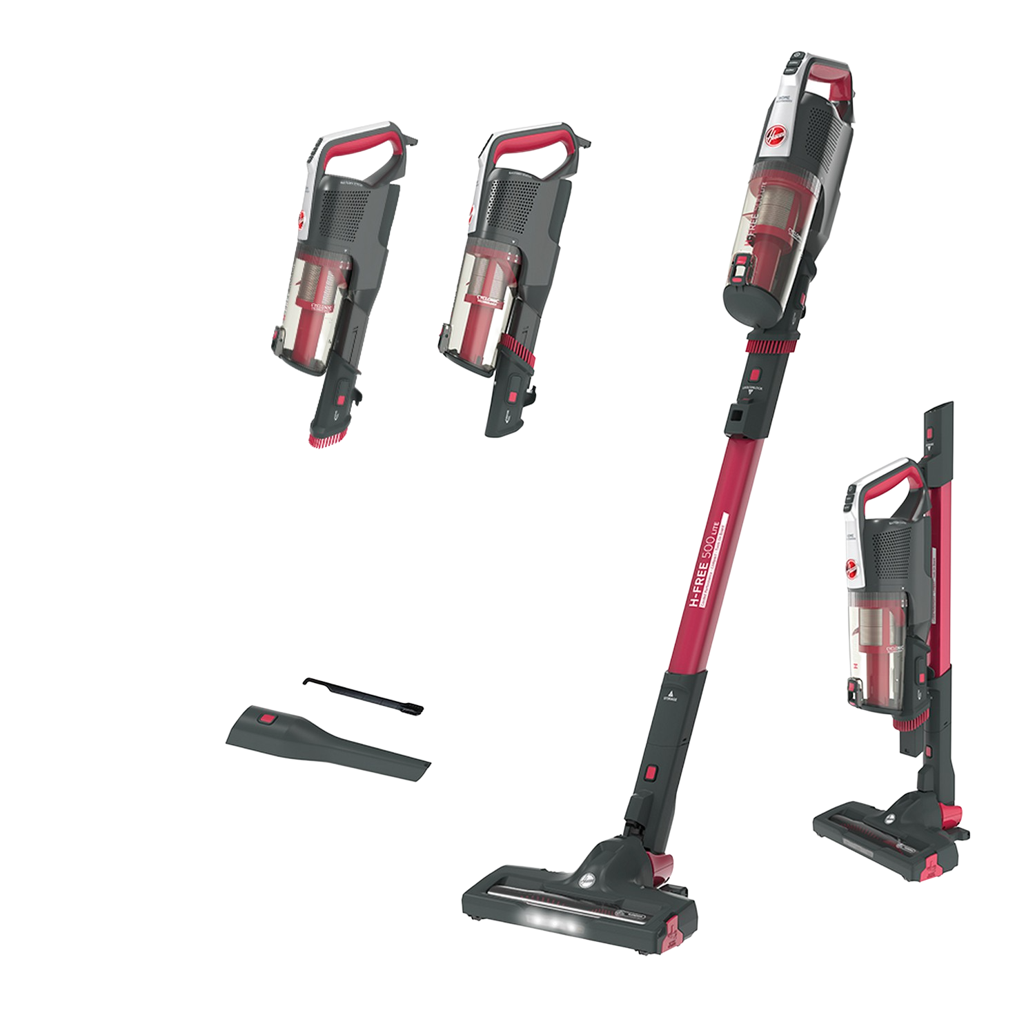 Aspirador escoba - Hoover H-FREE 500 Lite HF522LHM, 15500Pa, 45min, All Floors, Compacta 69cm, Luces LED, Rojo