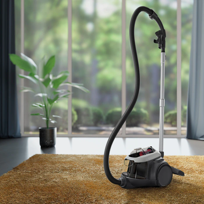 Vacuum cleaner on a brown rug near a plant and a window with a green view.
