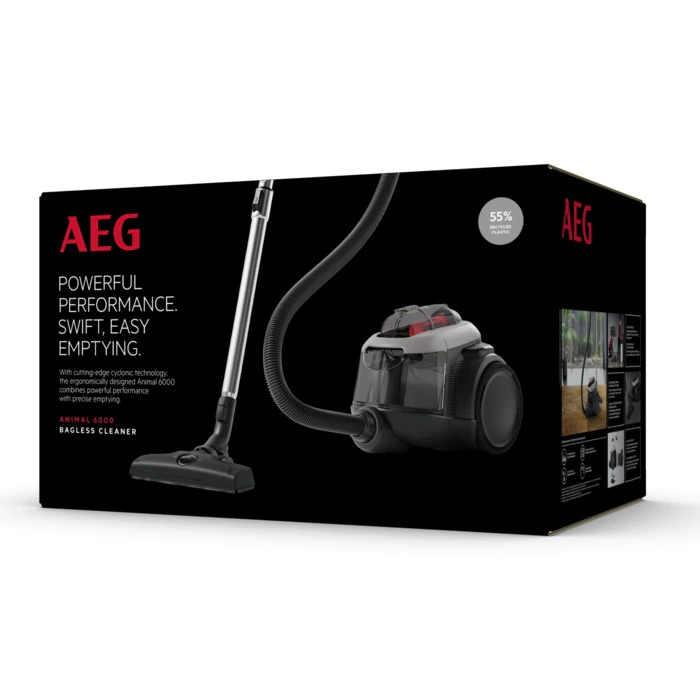 AEG vacuum cleaner box. The box has a vacuum cleaner image and text about performance and features.
