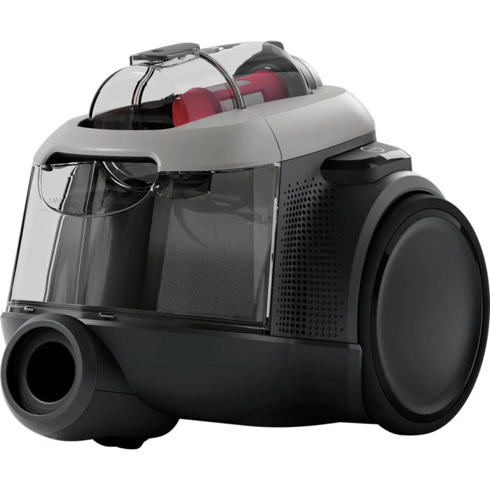 Black and gray vacuum cleaner with a transparent dust container on a white background.