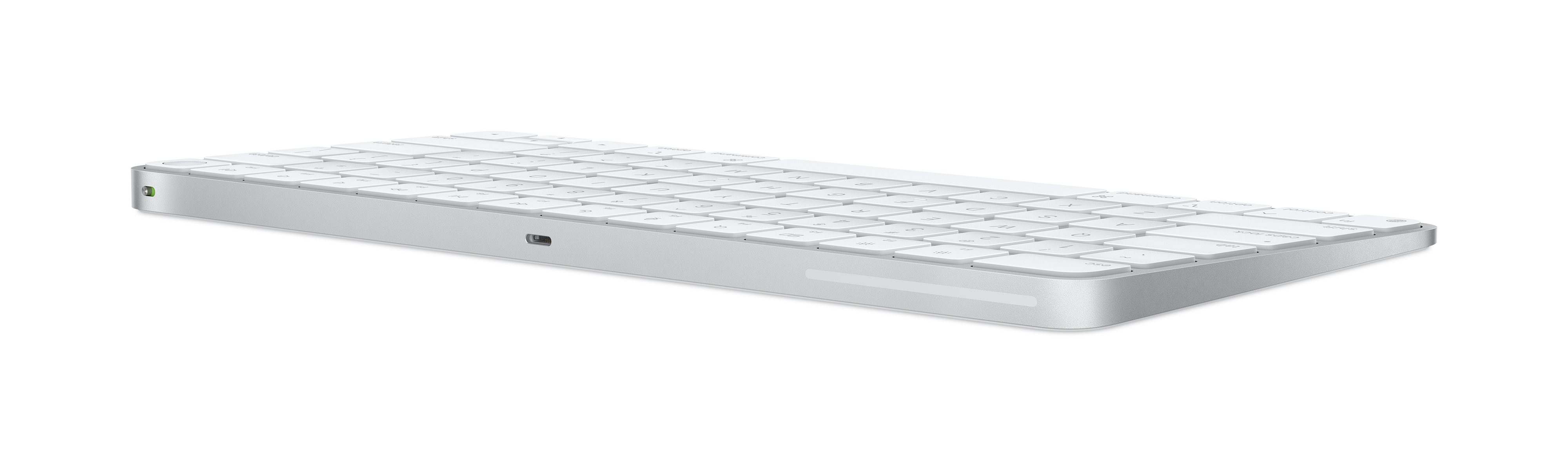 Silberne Apple Magic Keyboard. Es ist eine schlanke, rechteckige Tastatur mit weißen Tasten.
