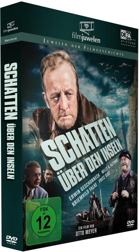 DVD-Hülle für den Film 'Schatten über den Inseln'. Zeigt ein Männergesicht und andere Schauspieler.