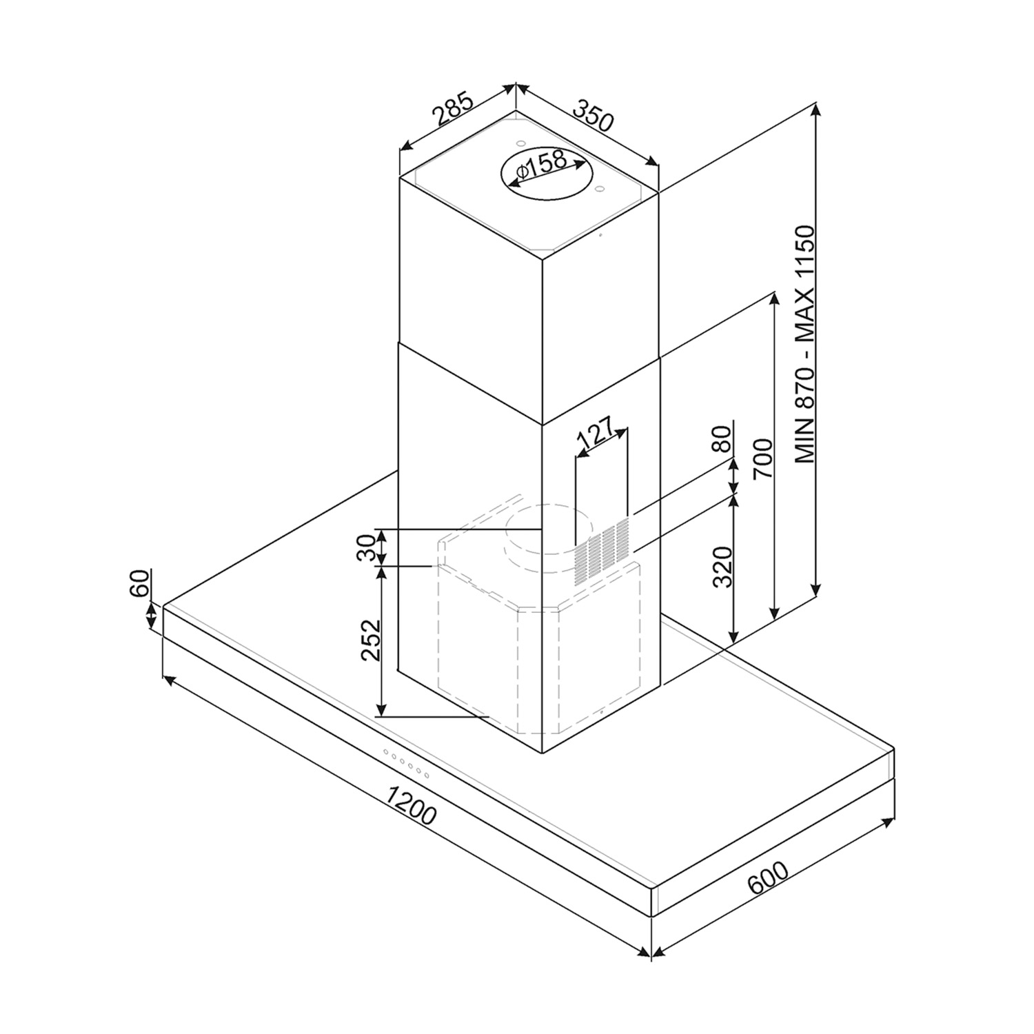 Disegno tecnico di una cappa da cucina con dimensioni e misure in linee nere.