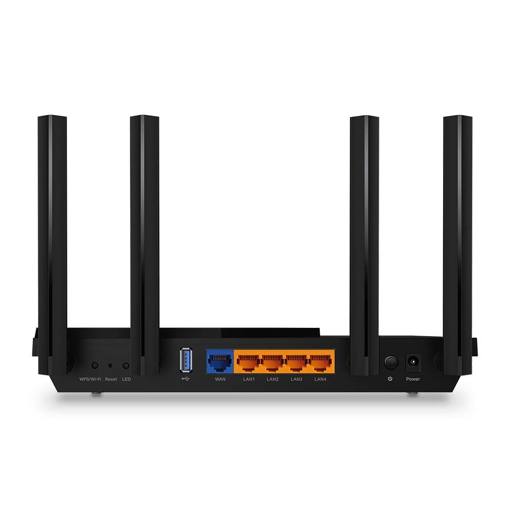 Black router with antennas, ports, and a power button on a white surface.