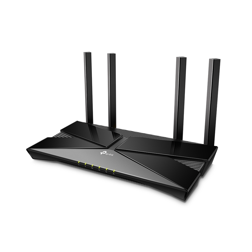 A black TP-Link router with four antennas. The router sits on a white surface.