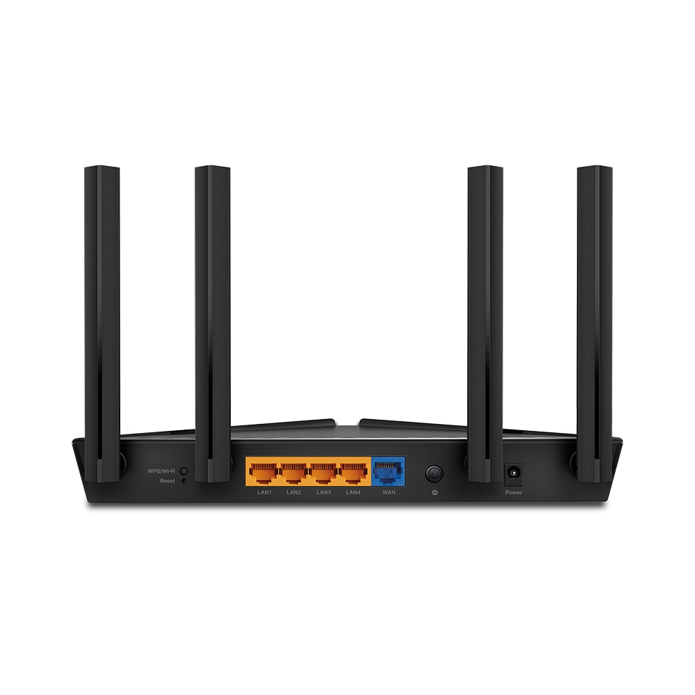 Black router with four antennas, and ports labeled: LAN1, LAN2, LAN3, LAN4, WAN, and power.