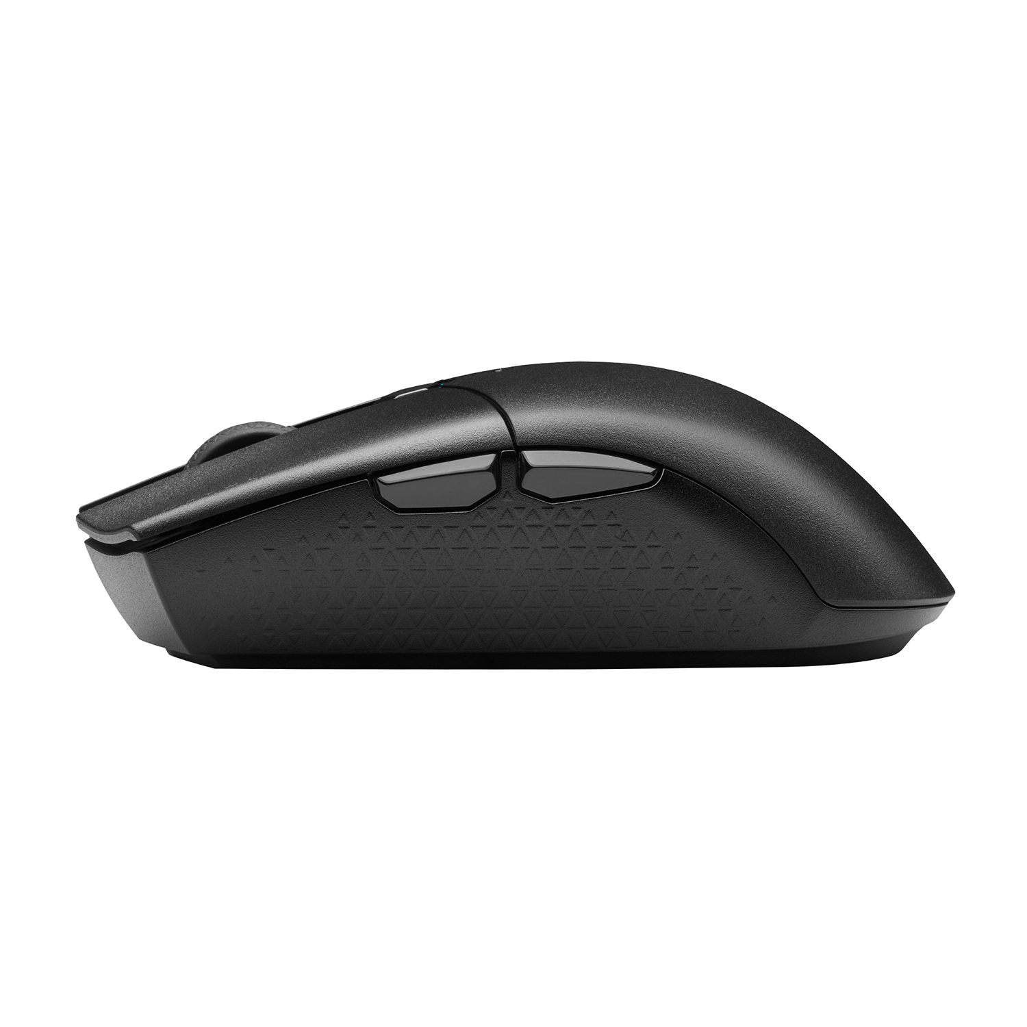Mouse per computer nero con motivo strutturato e pulsanti laterali.