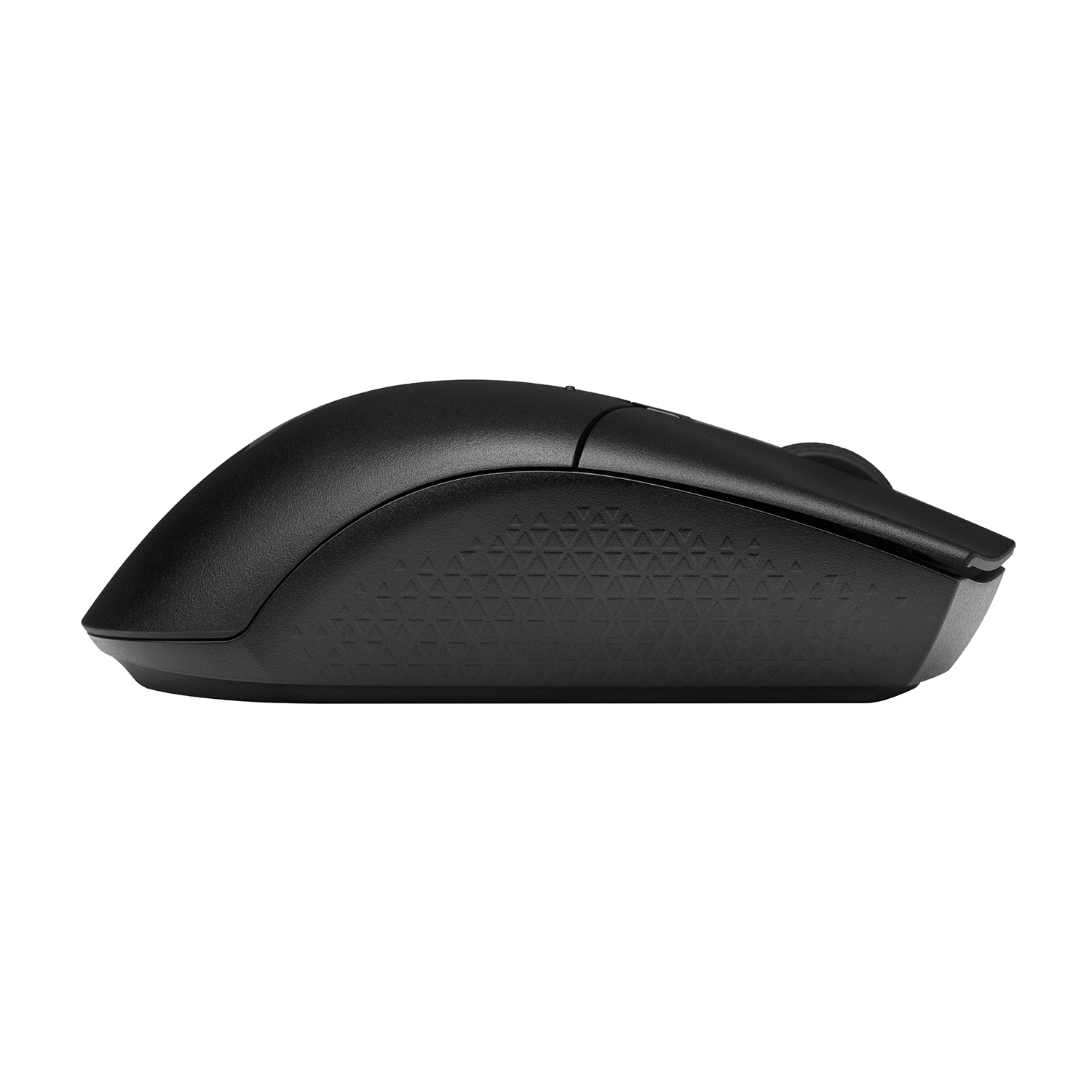 Mouse ergonomico nero, vista laterale, design liscio, con superficie di presa strutturata.