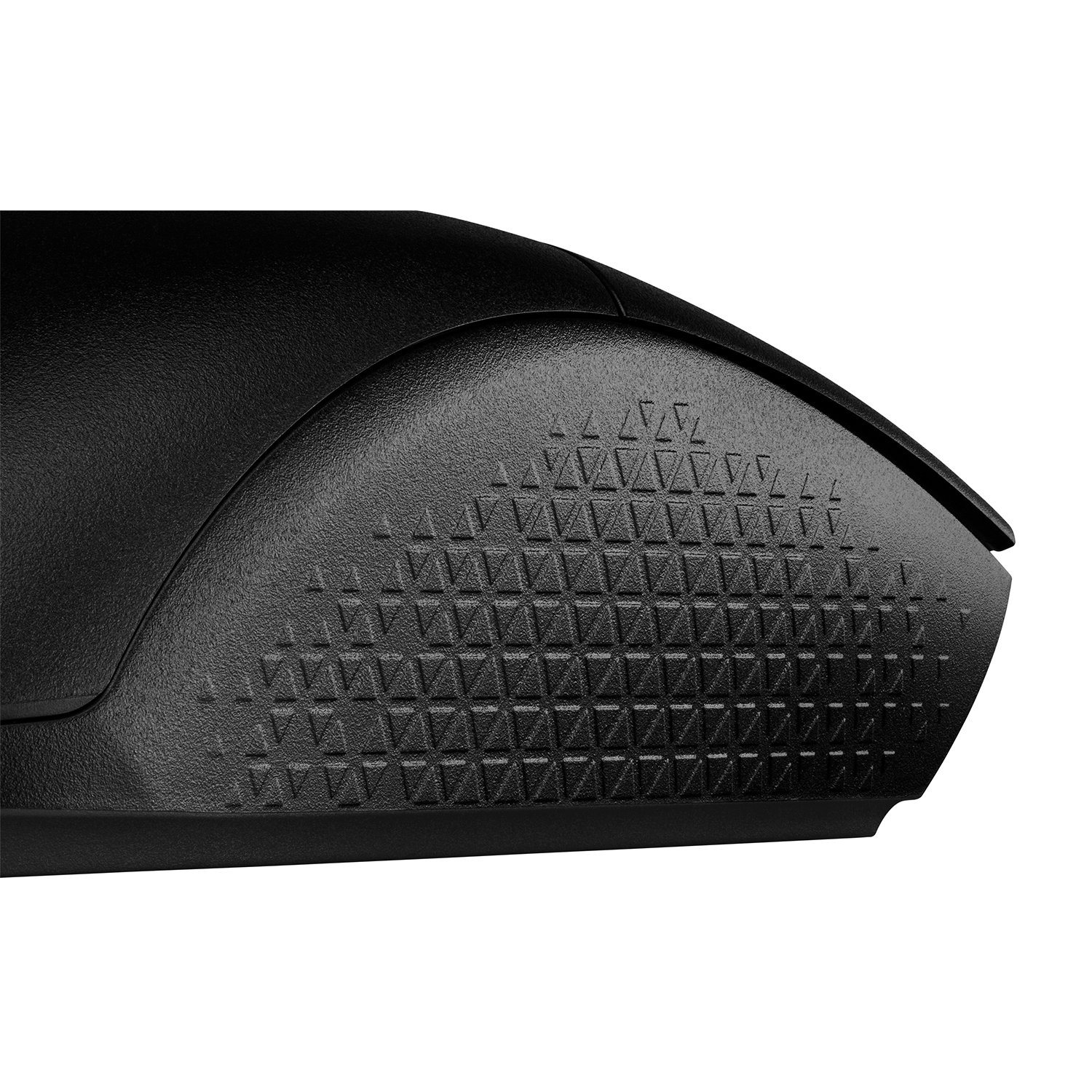 Un mouse per computer nero, vista ravvicinata del lato con impugnatura testurizzata.