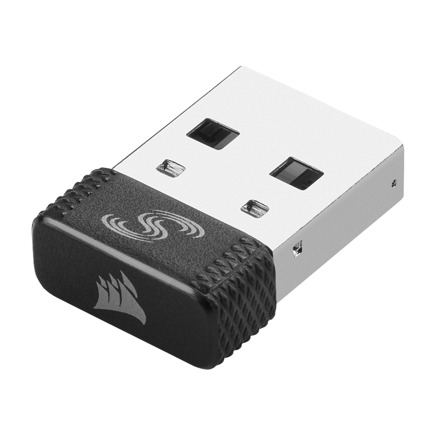 Un adattatore USB nero e argento con un logo sulla parte nera, su sfondo bianco.