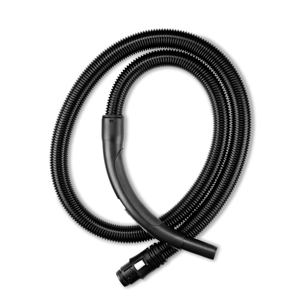 A black vacuum cleaner hose. It is coiled and has a handle and a connector.