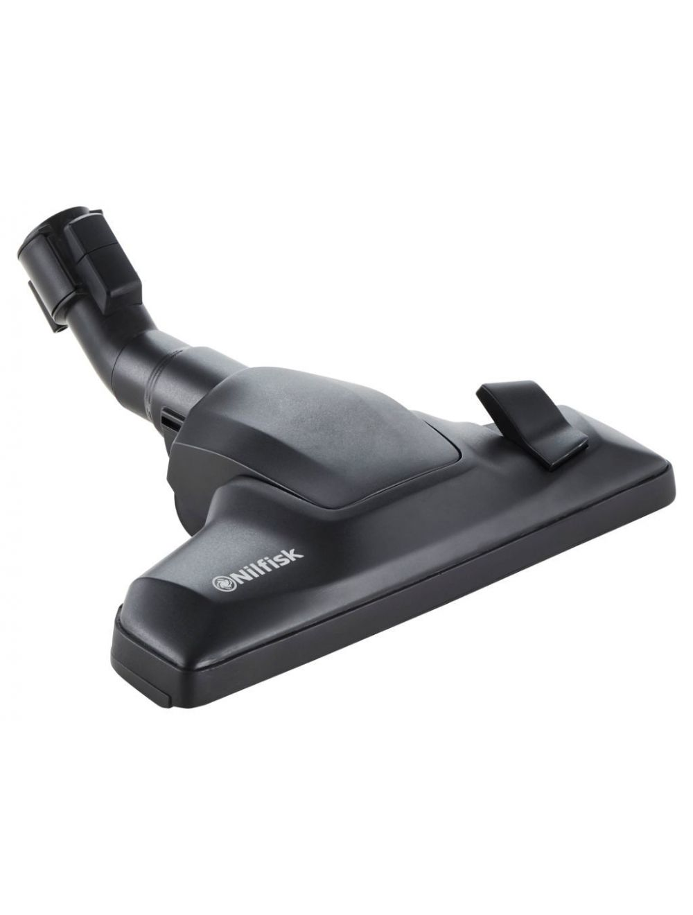 A black vacuum cleaner head with a curved neck, seen against a white backdrop.