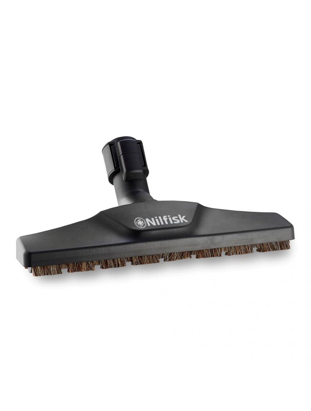 A black Nilfisk vacuum cleaner brush attachment. The brush has bristles.