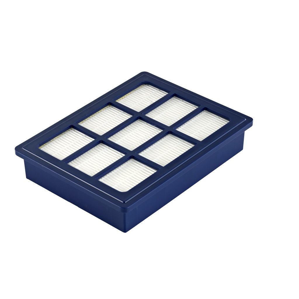 A dark blue rectangular air filter, composed of white filter media in a grid pattern.