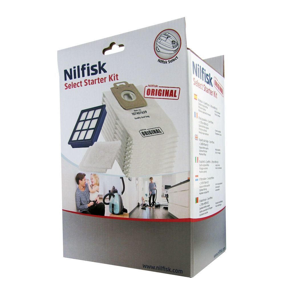 Box with vacuum cleaner accessories, including bags and filters.