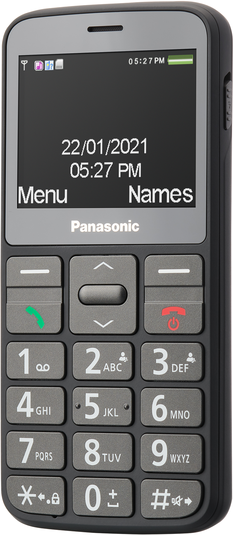 Fekete-szürke mobiltelefon nagyméretű gombokkal. Az idő és a dátum látható.