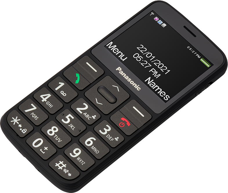 Egy fekete Panasonic mobiltelefon nagy gombokkal és látható képernyővel, amely információkat jelenít meg.
