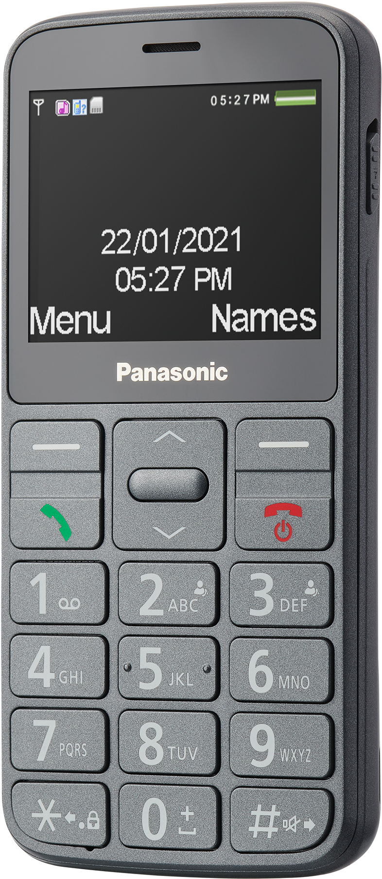 Egy szürke Panasonic telefon nagy gombokkal és egy képernyővel, amely a dátumot és az időt mutatja.