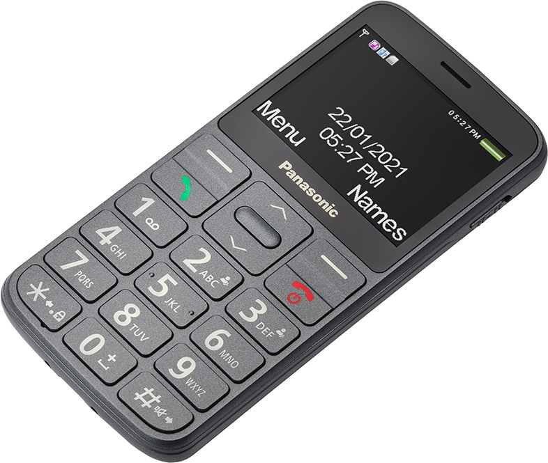 Szürke mobiltelefon nagy gombokkal és dátumot, időt mutató kijelzővel, egyszerű és átlátható felülettel.