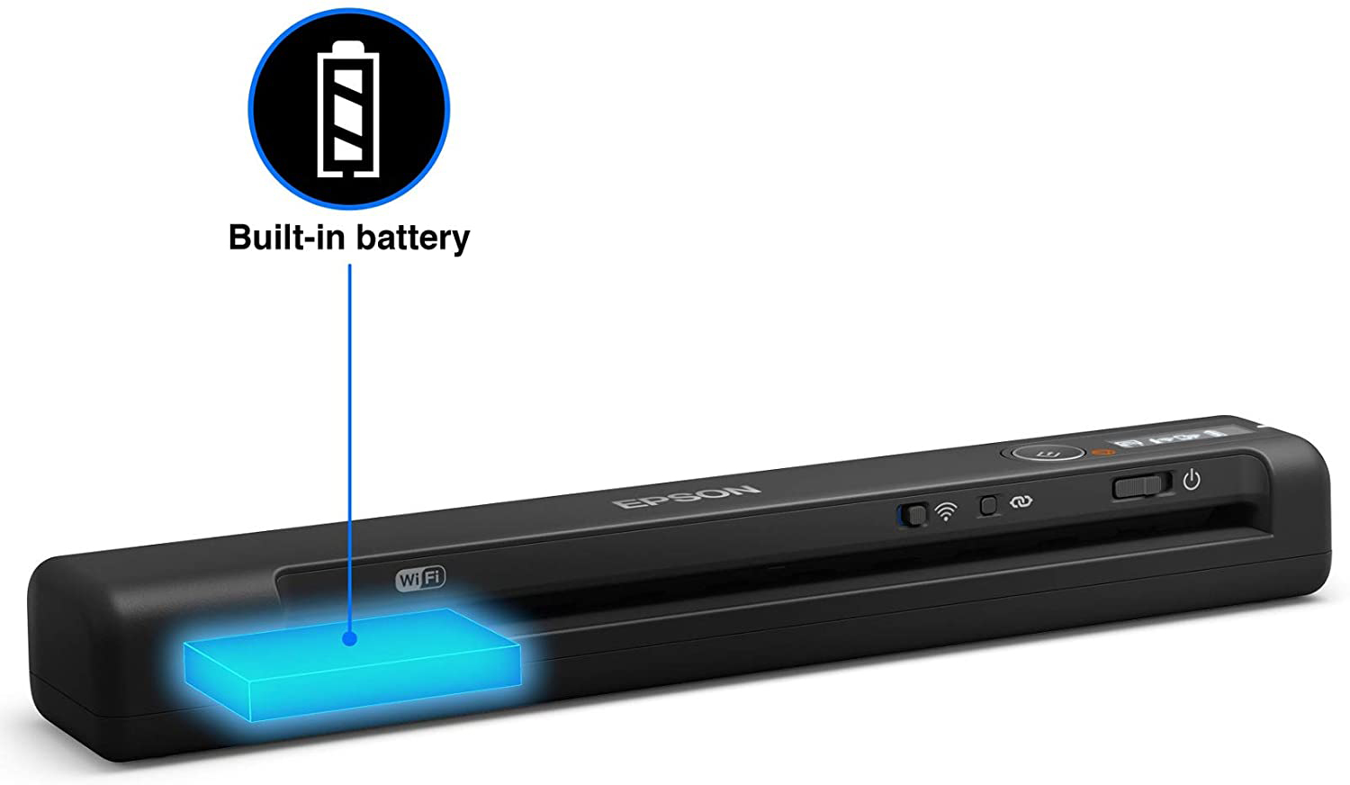 Zwarte draagbare Epson-scanner met ingebouwde batterij. Wi-Fi- en aan/uit-knoppen zijn zichtbaar.