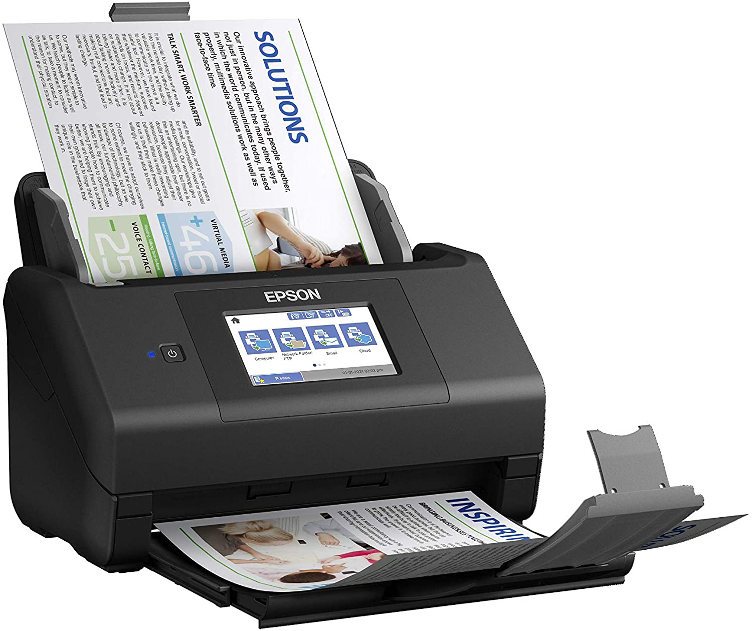 Zwarte Epson documentenscanner met papier in de invoer- en uitvoerlades. Witte achtergrond.