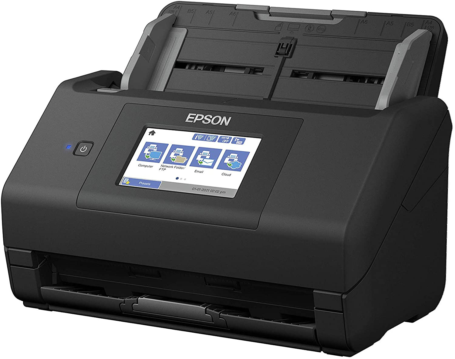 Zwarte Epson-scanner met een touchscreen-display, met een preview en een verscheidenheid aan knoppen en poorten.