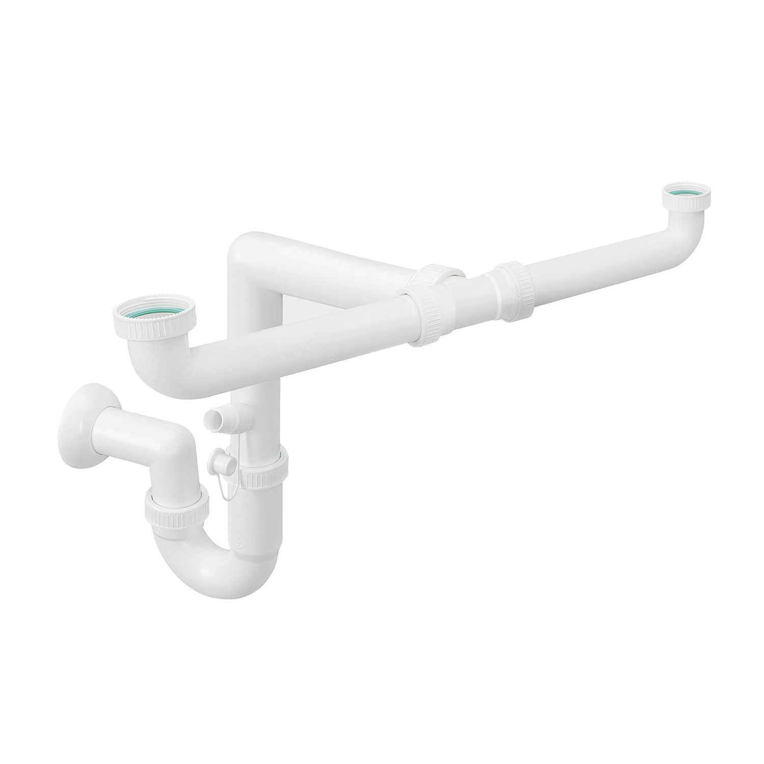 Un sistema idraulico bianco su sfondo bianco. Ha tubi e connessioni multiple, tipiche di un sifone.