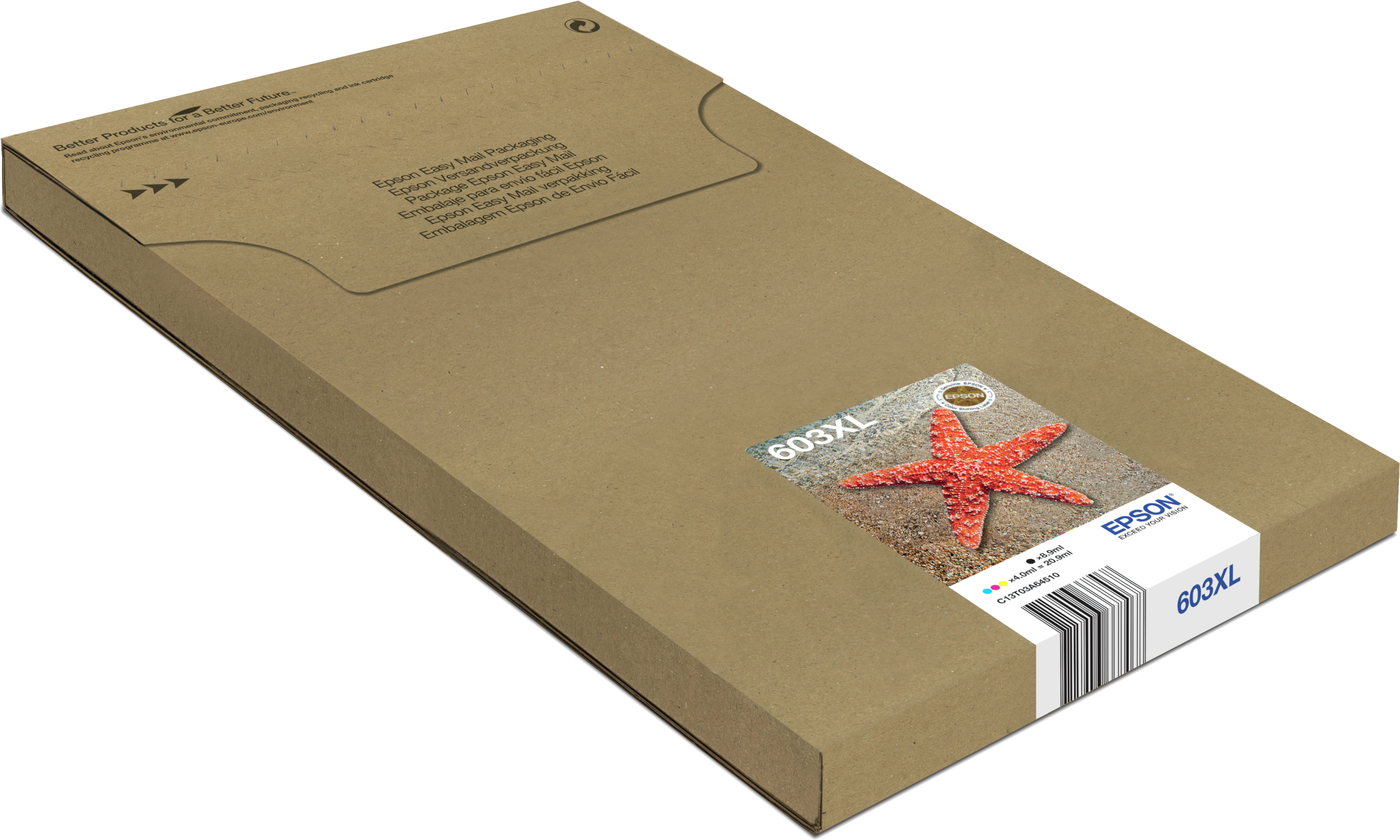 Braune Pappschachtel mit rotem Seesternbild, Epson-Branding.