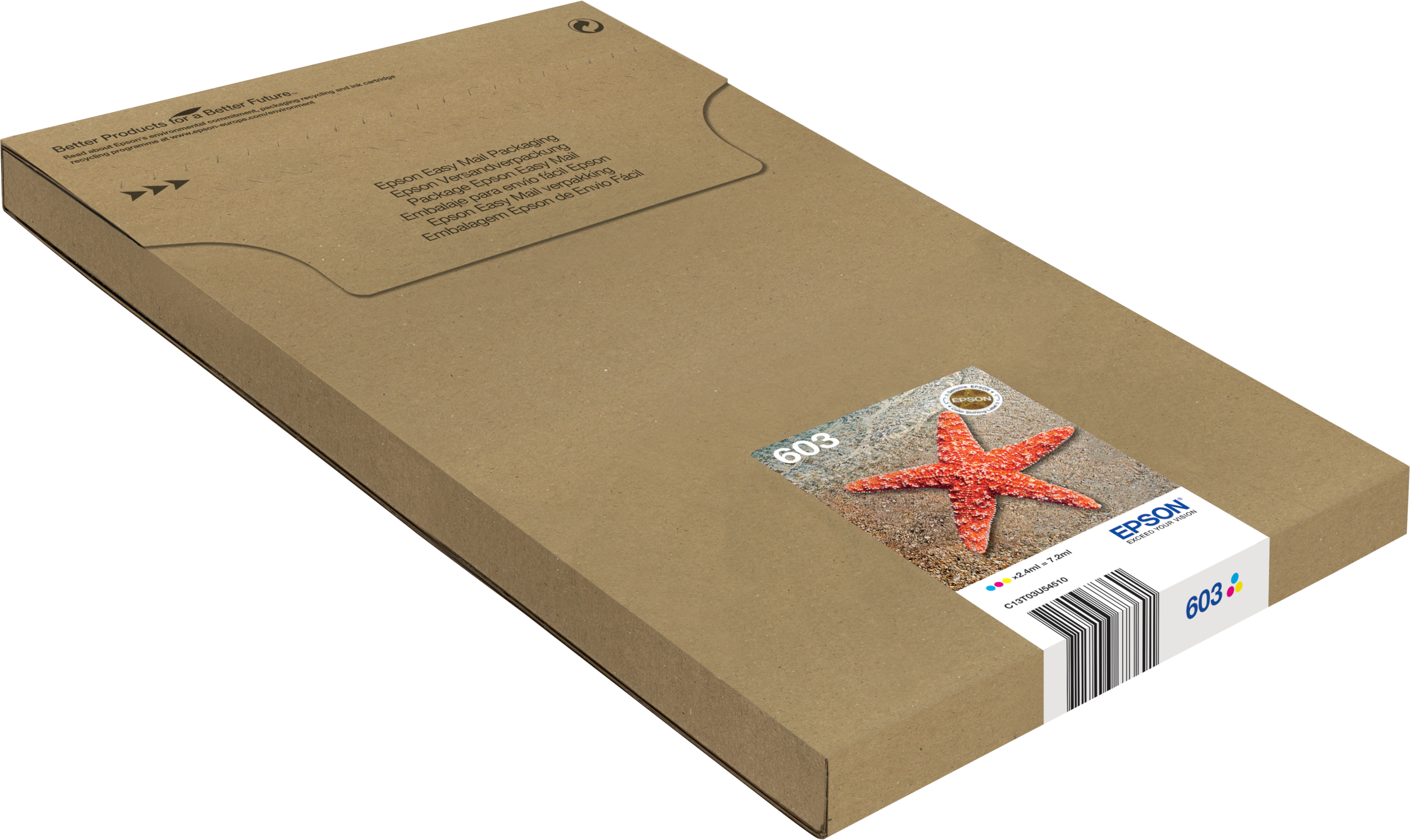 Ein brauner Karton mit einem Seestern-Bild und Epson-Etiketten. Die Box ist abgewinkelt, zeigt die Ober- und Seite.