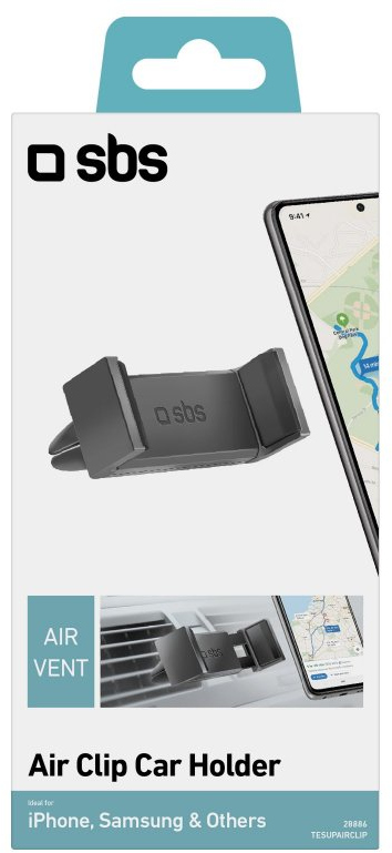 Support de voiture pour aération, avec un smartphone dessus et l'emballage du support.
