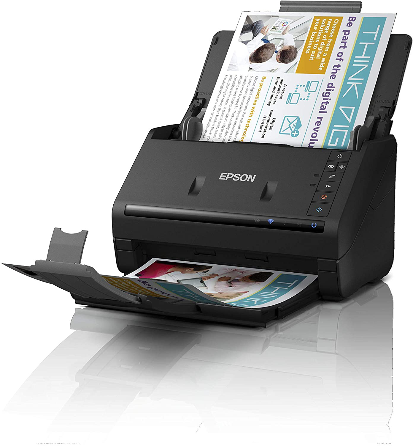 Black Epson scanner with two sheets of paper, one being scanned.