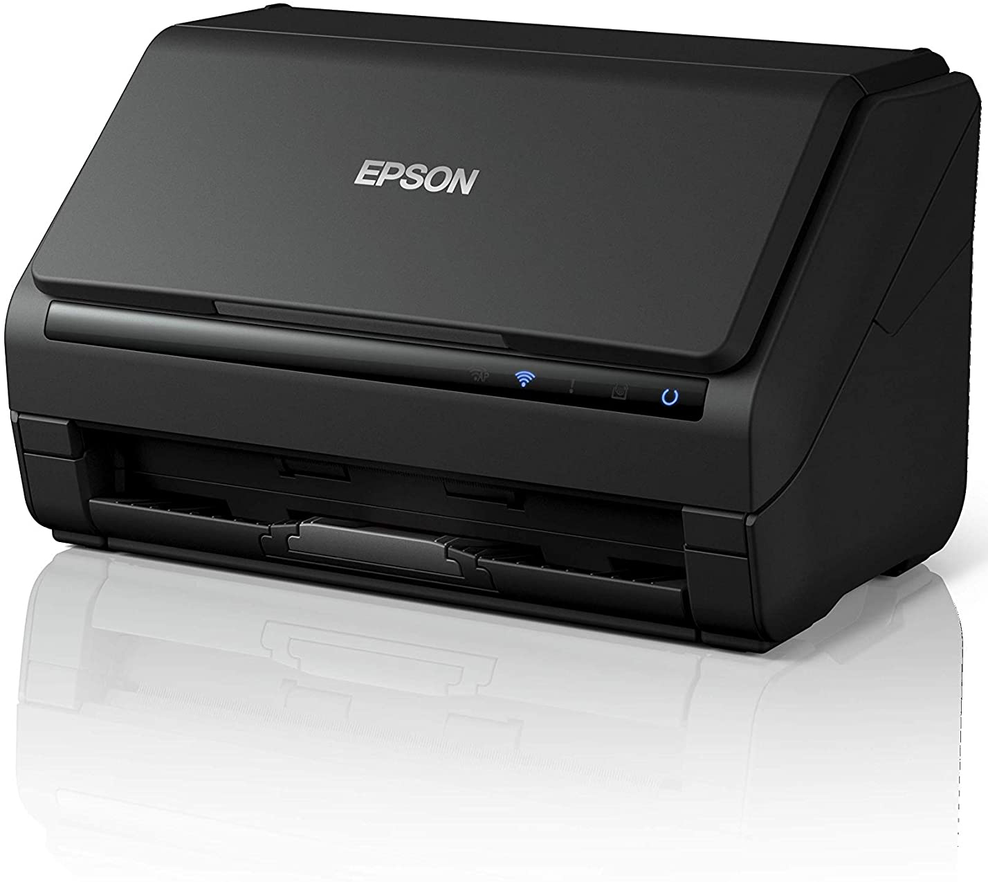 Black Epson scanner with its cover closed, on a white surface.