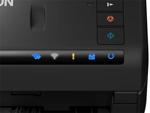 A black printer control panel with multiple blue and orange illuminated icons.