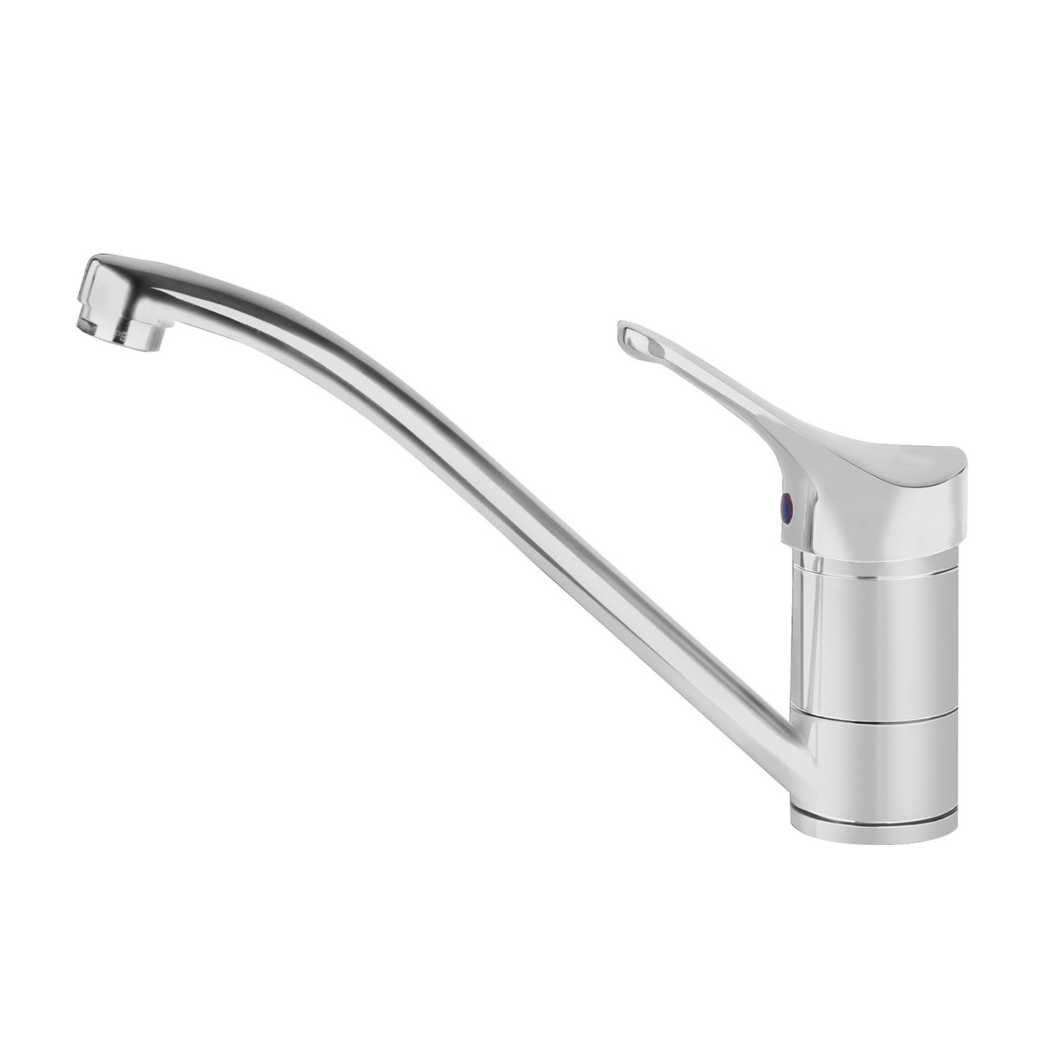 Un rubinetto da cucina cromato con un beccuccio curvo e un design a maniglia singola, su sfondo bianco.