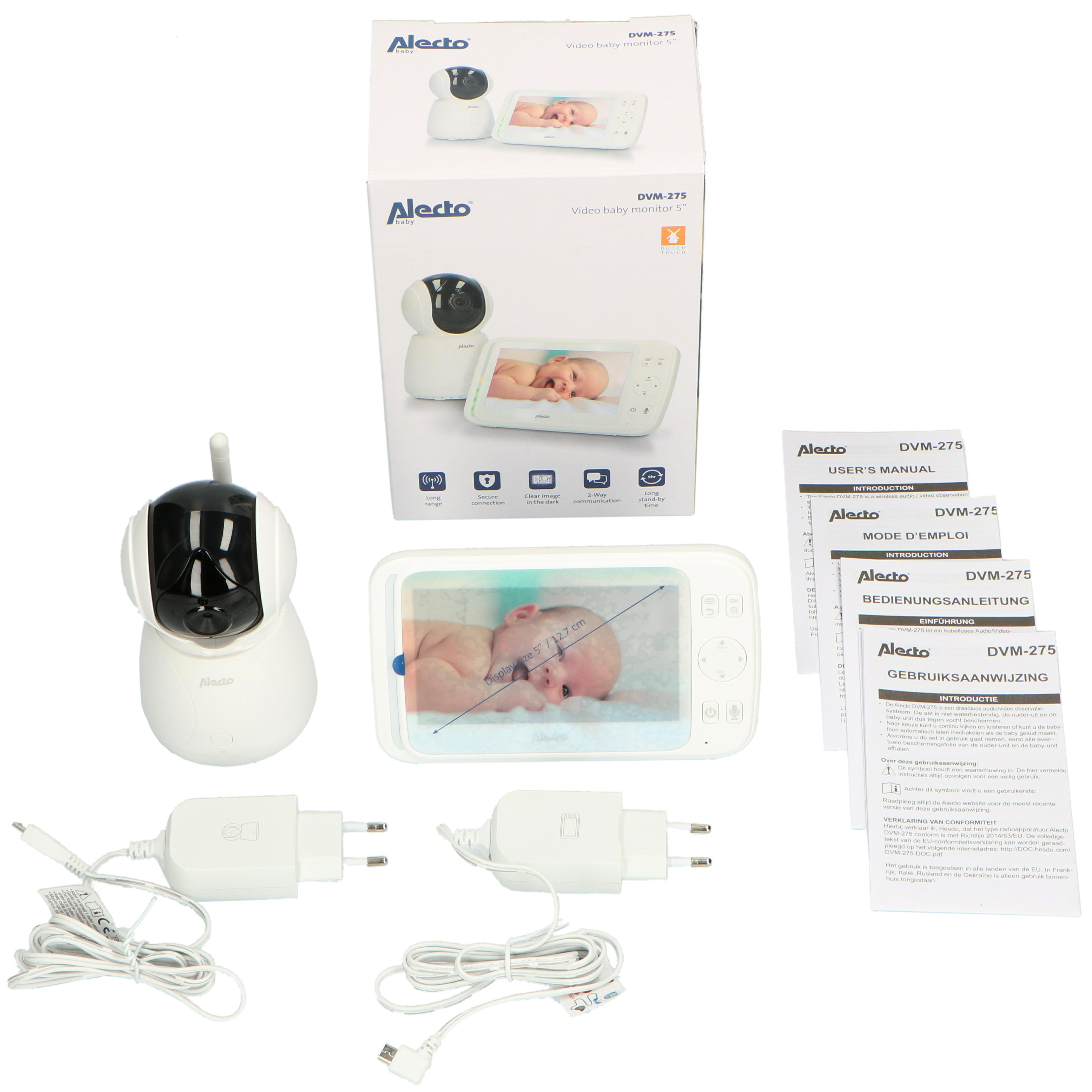 Babyphone-Set: Monitor, Kamera, Netzadapter und Dokumentation auf weißem Hintergrund.