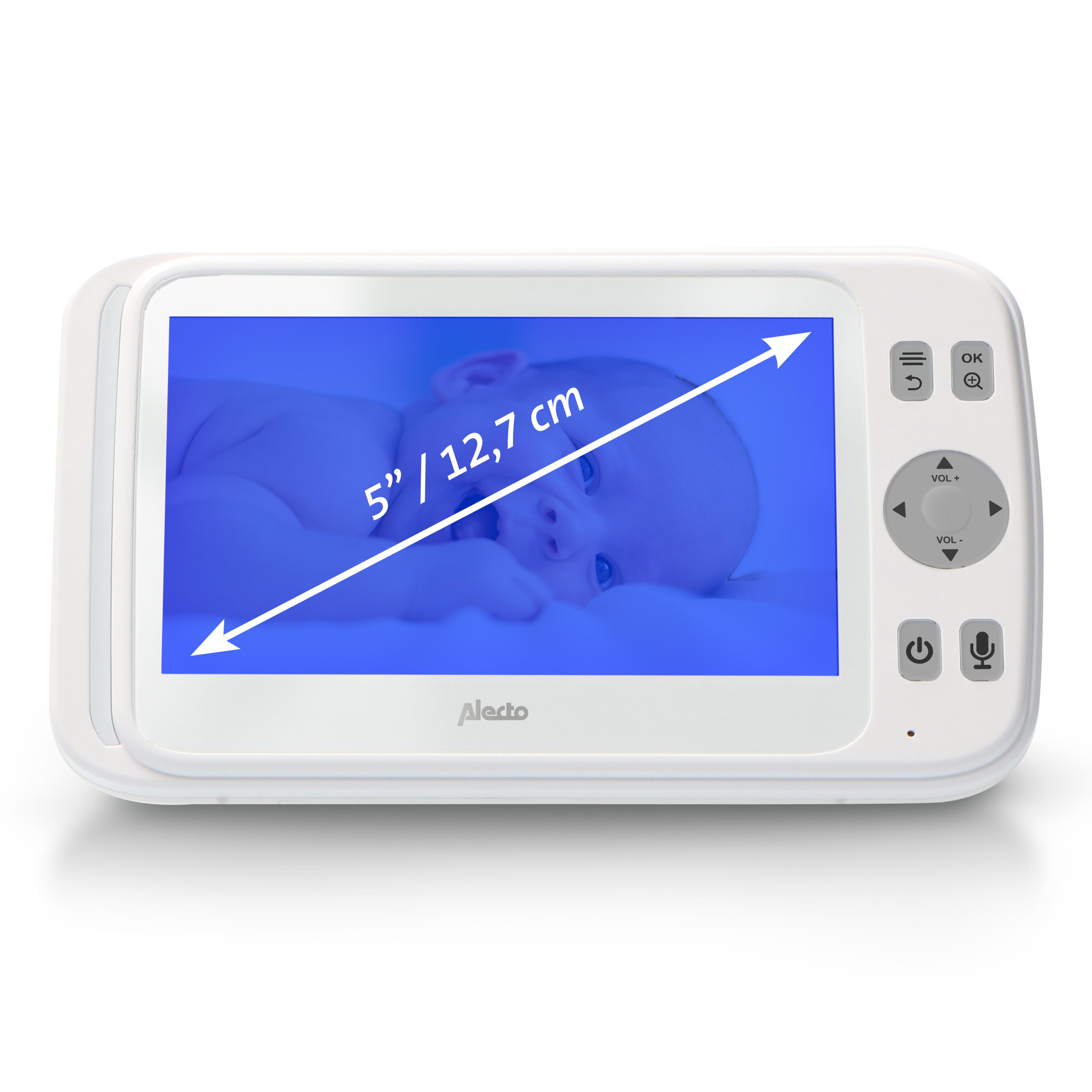 Weißer Babyphone-Bildschirm mit Baby, 5" / 12,7 cm, weißer Hintergrund.