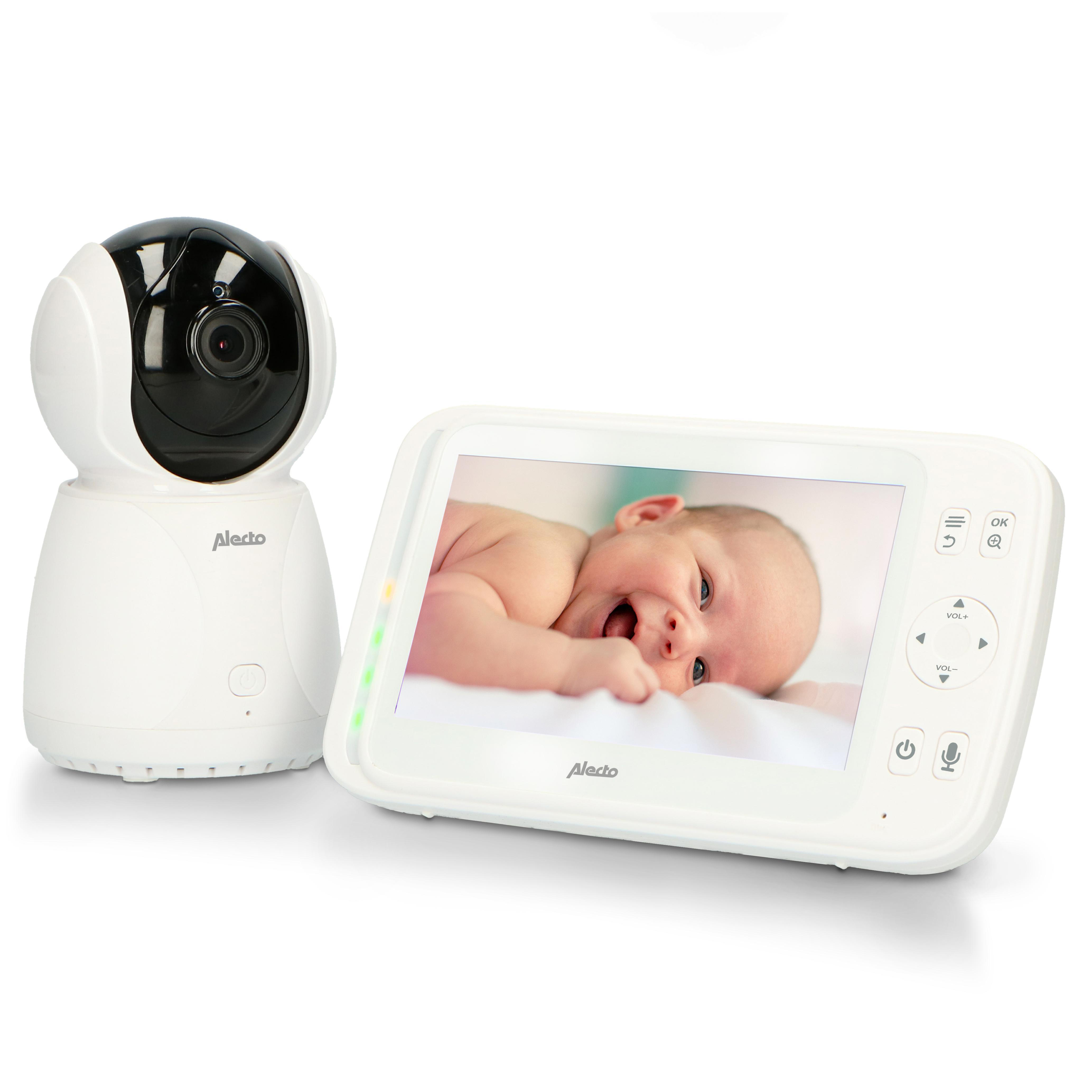 Babyphone: Kamera und Bildschirm. Baby im Monitor. Kamera ist schwarz-weiß.