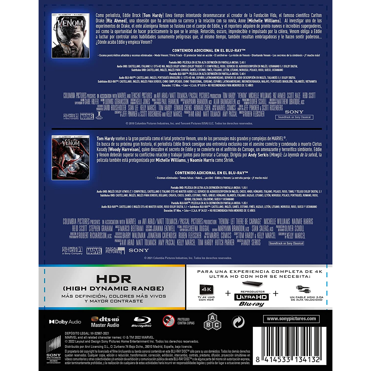 Portada de película con Venom. Texto sobre la película en español visible. Logo Sony Pictures.